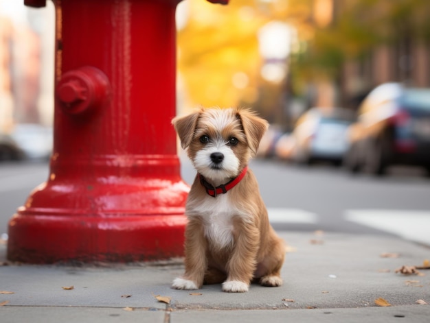 Cute puppy sitting by a fire hydrant