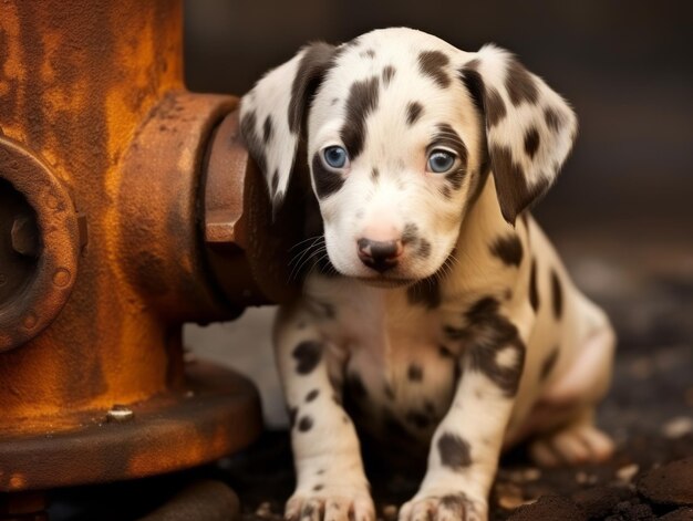 Cute puppy sitting by a fire hydrant