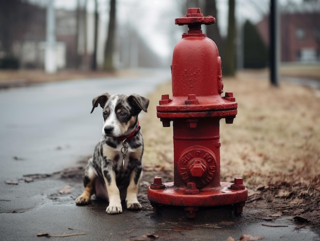 Cute puppy sitting by a fire hydrant