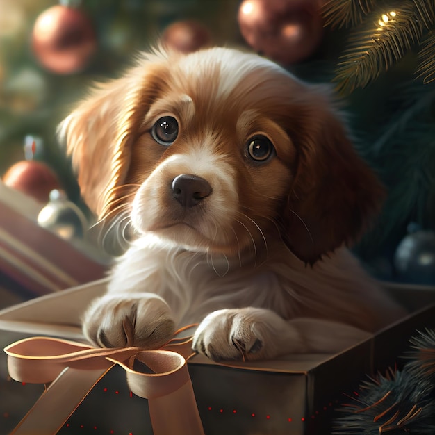 Симпатичный щенок, сидящий под елкой в подарок, Генеративный ИИ