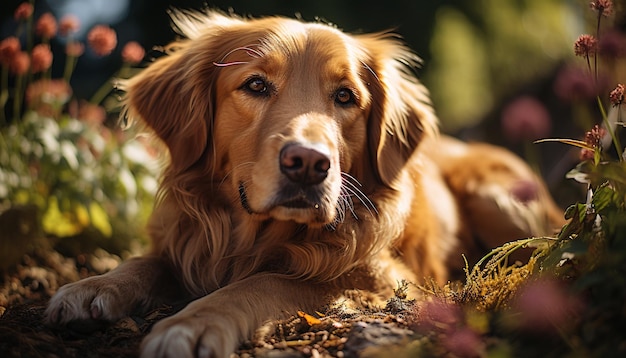 A cute puppy sitting in the grass looking at the camera generated by artificial intelligence