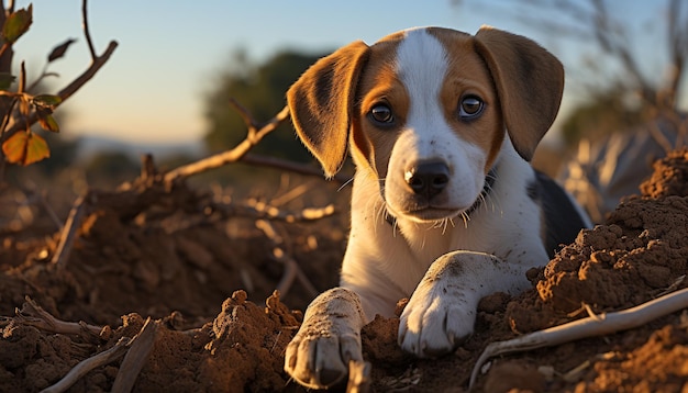 草の中に座って人工知能によって生成されたカメラを見ているかわいい子犬