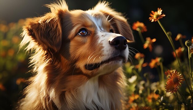 Photo cute puppy sitting in grass, looking at camera with loyalty generated by ai