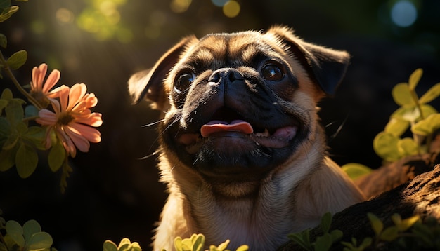 인공 지능에 의해 생성된 장난스러운 눈으로 카메라를 바라보며 잔디에 앉아 있는 귀여운 강아지