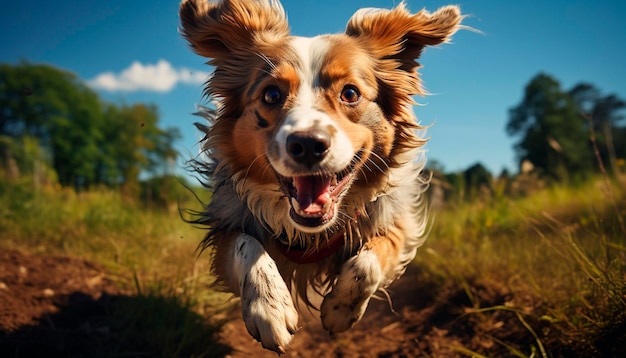 Cute puppy sitting in grass, playing outdoors, purebred dog generated by ai