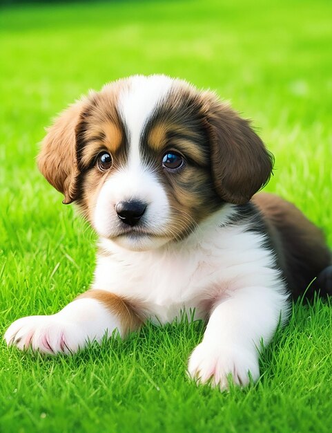 A cute puppy sitting on green grass generated by ai