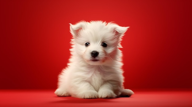 Cute puppy sitting looking at camera fluffy fur red background