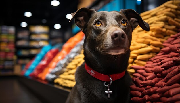 Photo cute puppy sitting looking at camera in store generated by artificial intelligence