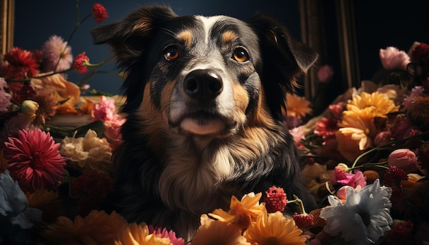 人工知能によって生成された花に囲まれてカメラを見ながら座っているかわいい子犬
