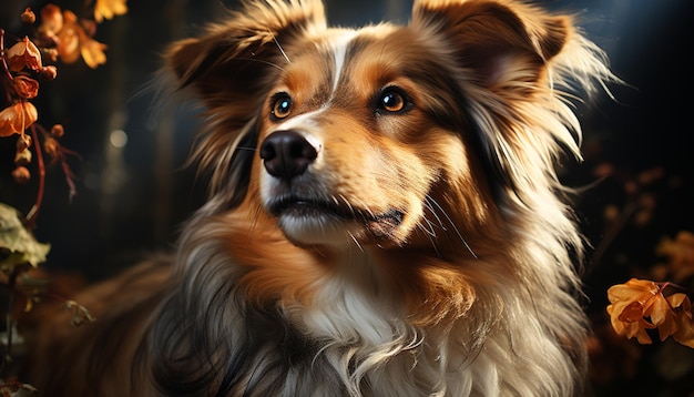 A cute puppy sitting in nature looking at the camera generated by artificial intelligence