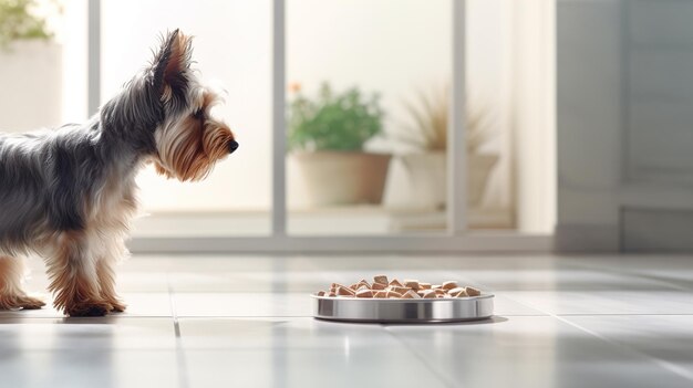 Cute puppy sitting near a bowl of dog food indoors High quality photo