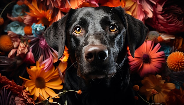 人工知能によって生成された花に囲まれてカメラを見ながら屋外に座っているかわいい子犬