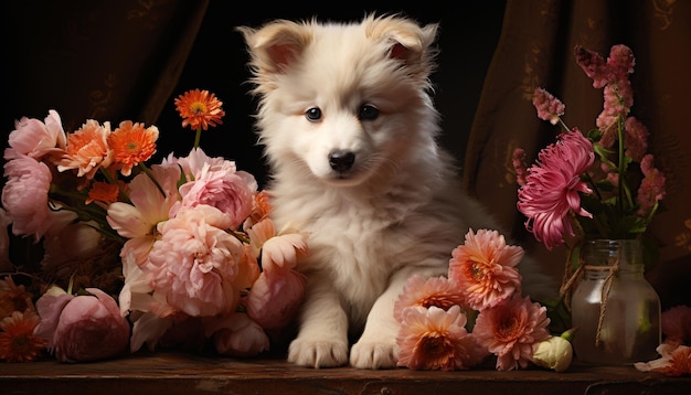 Cute puppy sitting on a pink table surrounded by flowers generated by artificial intellingence