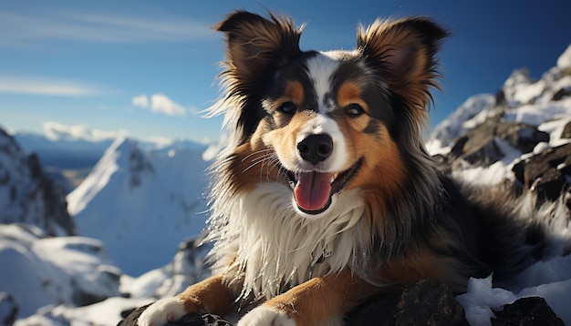 Cute puppy sitting in snow looking at camera generated by ai