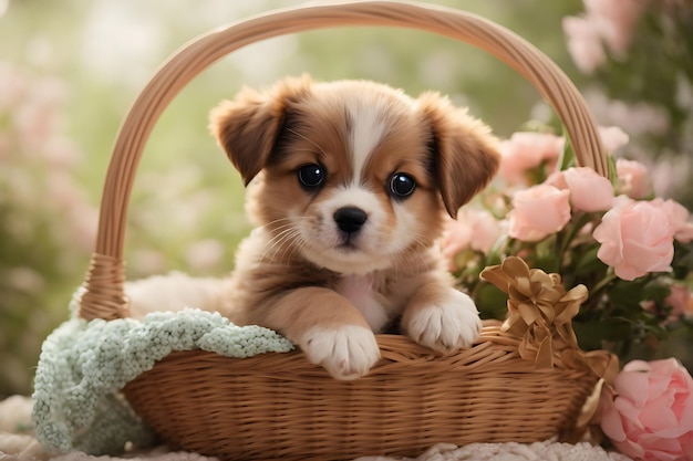 Photo cute puppy sitting snugly in a charming basket