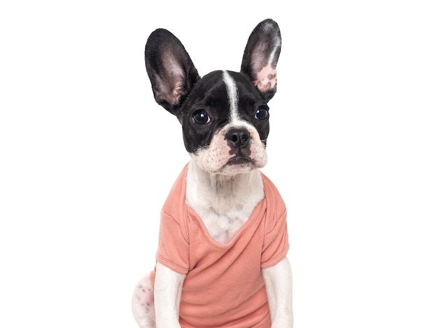 Cute puppy sitting on the table Studio shot Isolated background Clear sunny day Closeup indoors Day light Concept of care education obedience training and raising pets