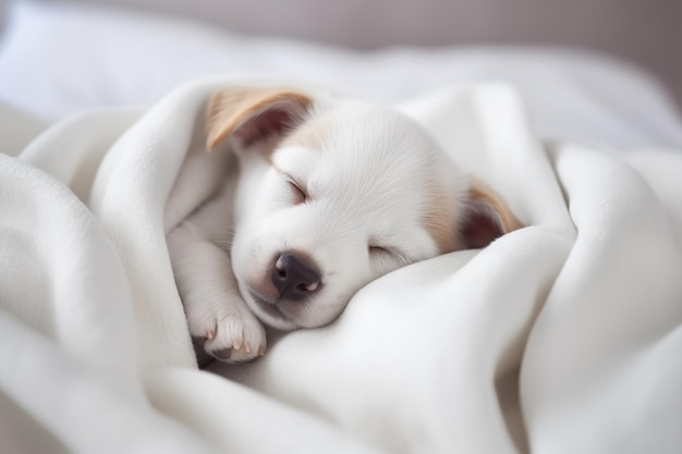 Cute puppy sleeps under white warm blanket on bed at home Dog relaxing peacefully napping on bed