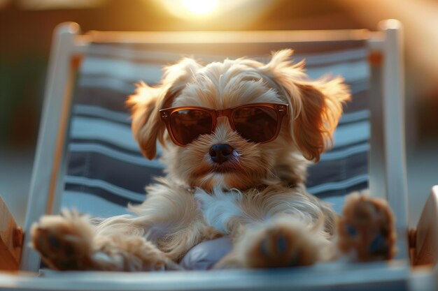 A cute puppy in sunglasses is posing on a deck chair