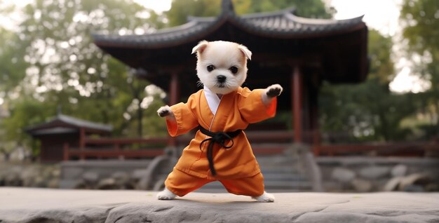 Photo a cute puppy training to be a shaolin warrior