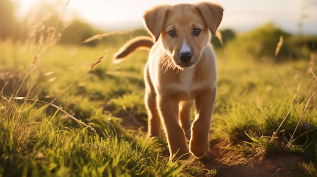 カメラを見て草の中を歩くかわいい子犬