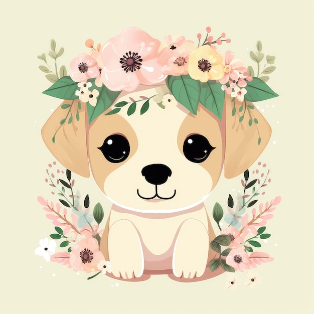 A cute puppy wearing a flower crown