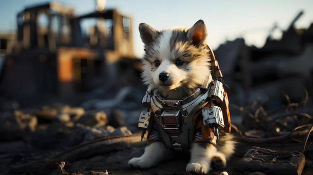 Photo cute puppy wearing robot suit background generative ai