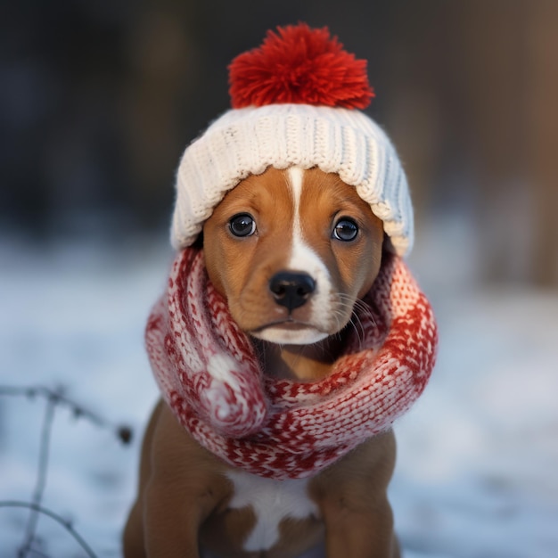 a cute puppy wearing a winter hat and scarf
