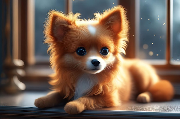 窓の中のかわいい子犬