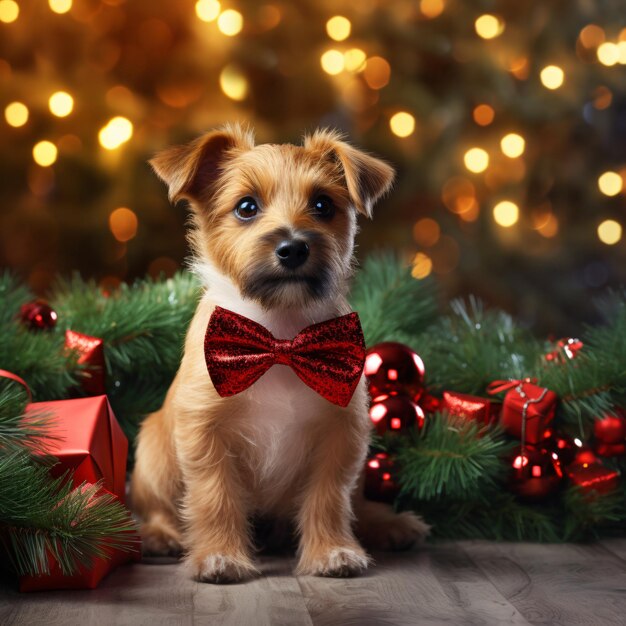 写真 ネックに赤い弓をつけた可愛い子犬がクリスマスの装飾の近くに座っている