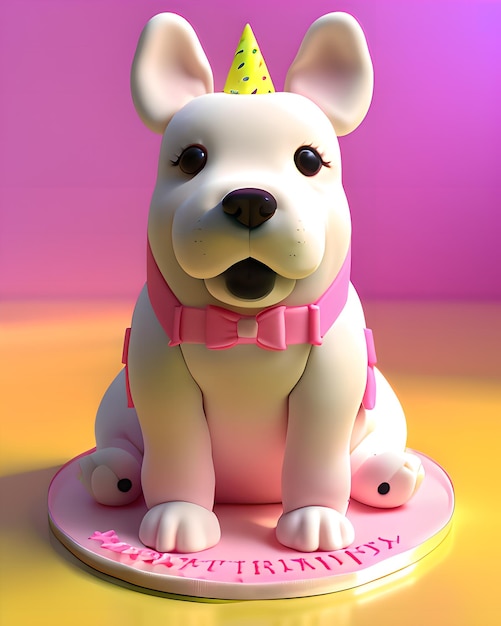 Cute puppy with birthday hat on pink and blue background 3d render