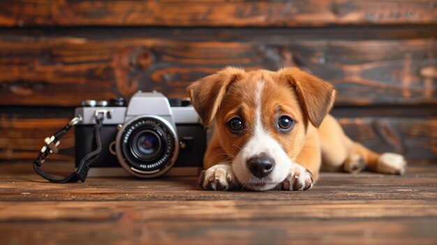 Cute puppy with a camera on a wooden background The dog lies on the floor