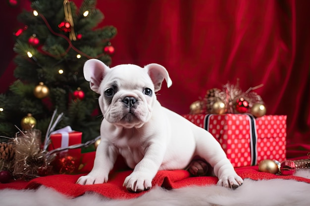 A cute puppy with a Christmas tree and presents