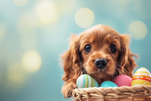 Foto un cucciolo carino con un colorato pastello di uova di pasqua a sfondo in stile bokeh