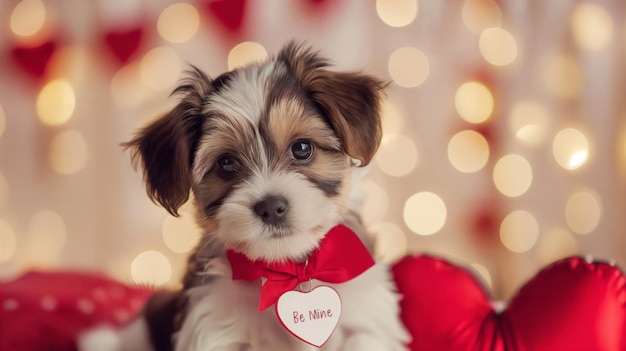 Photo a cute puppy with a red bow and a heartshaped tag saying be mine