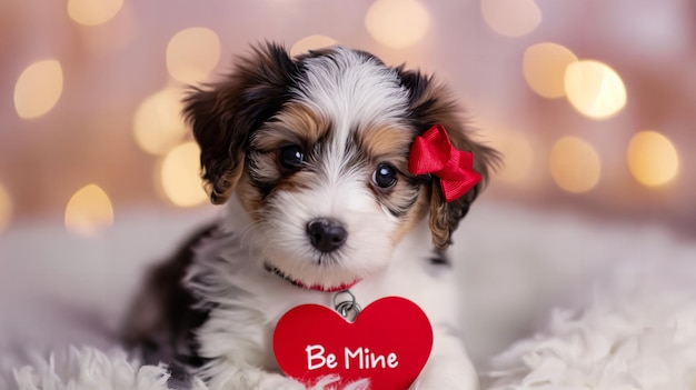 Photo a cute puppy with a red bow and a heartshaped tag saying be mine