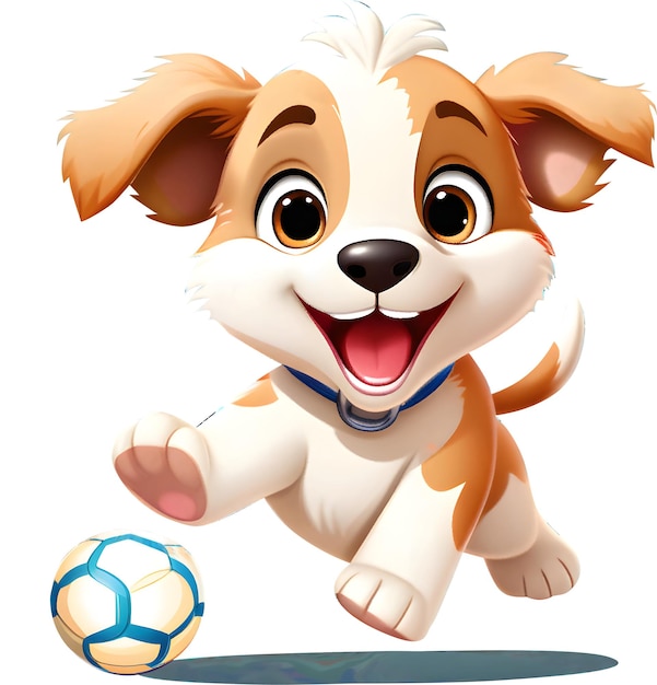 サッカーボールの漫画キャラクターを持つ可愛い子犬