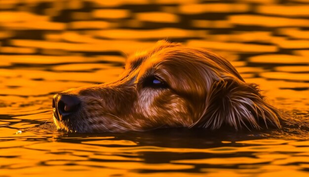 Cute purebred dog sitting in nature looking at reflection generated by ai