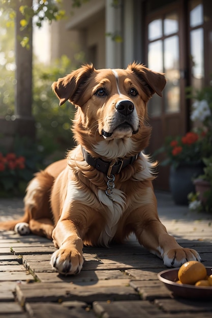 夏の日差しの中で屋外で遊ぶかわいい純血種の子犬