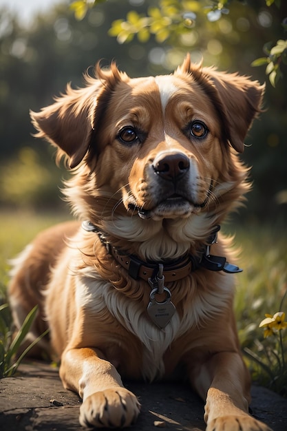 夏の日差しの中で屋外で遊ぶかわいい純血種の子犬