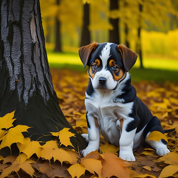 Cute purebred puppy sitting in autumn forest looking at camera