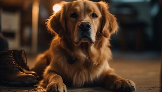 Cute purebred puppy sitting indoors looking at camera with loyalty generated by AI