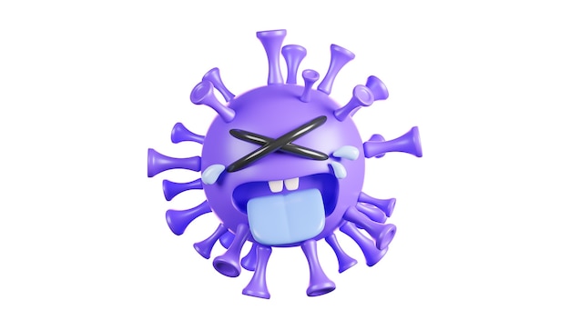 白い背景で泣いているかわいい紫色のコロナウイルスのキャラクター。、ワクチンcovid-19。、3dモデルとイラスト。