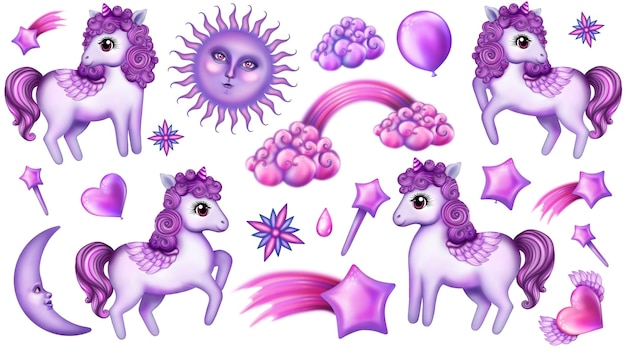 Cute purple unicorns with wings.Magic miracle elements set