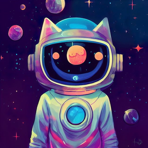 Cute quasar galaxy cat floating in space with astronaut suit\
and helmet digital illustration