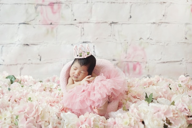 Cute queen baby girl having little smile with black hair and wearing a pink tutu and a yarn crown Newborn sitting on beige sofa with soft pink hydrangea on the floor and white roses brick background