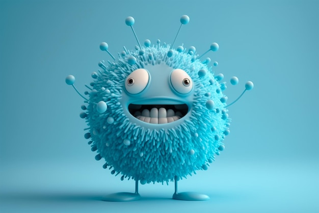 파란색 배경에 격리된 귀엽고 기발한 파란색 3D 바이러스
