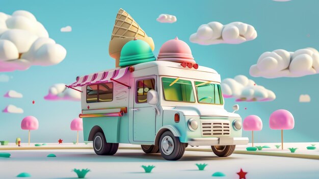 A cute and quirky visualization of a ice cream truck AI generated illustration