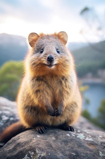 Foto quokka carino seduto su una roccia