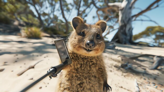 Foto un carino quokka che si fa un selfie nel cespuglio australiano il quokka sorride e tiene la telecamera nelle zampe