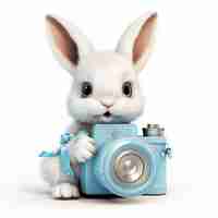 Photo cute rabbbit with camra on whitee